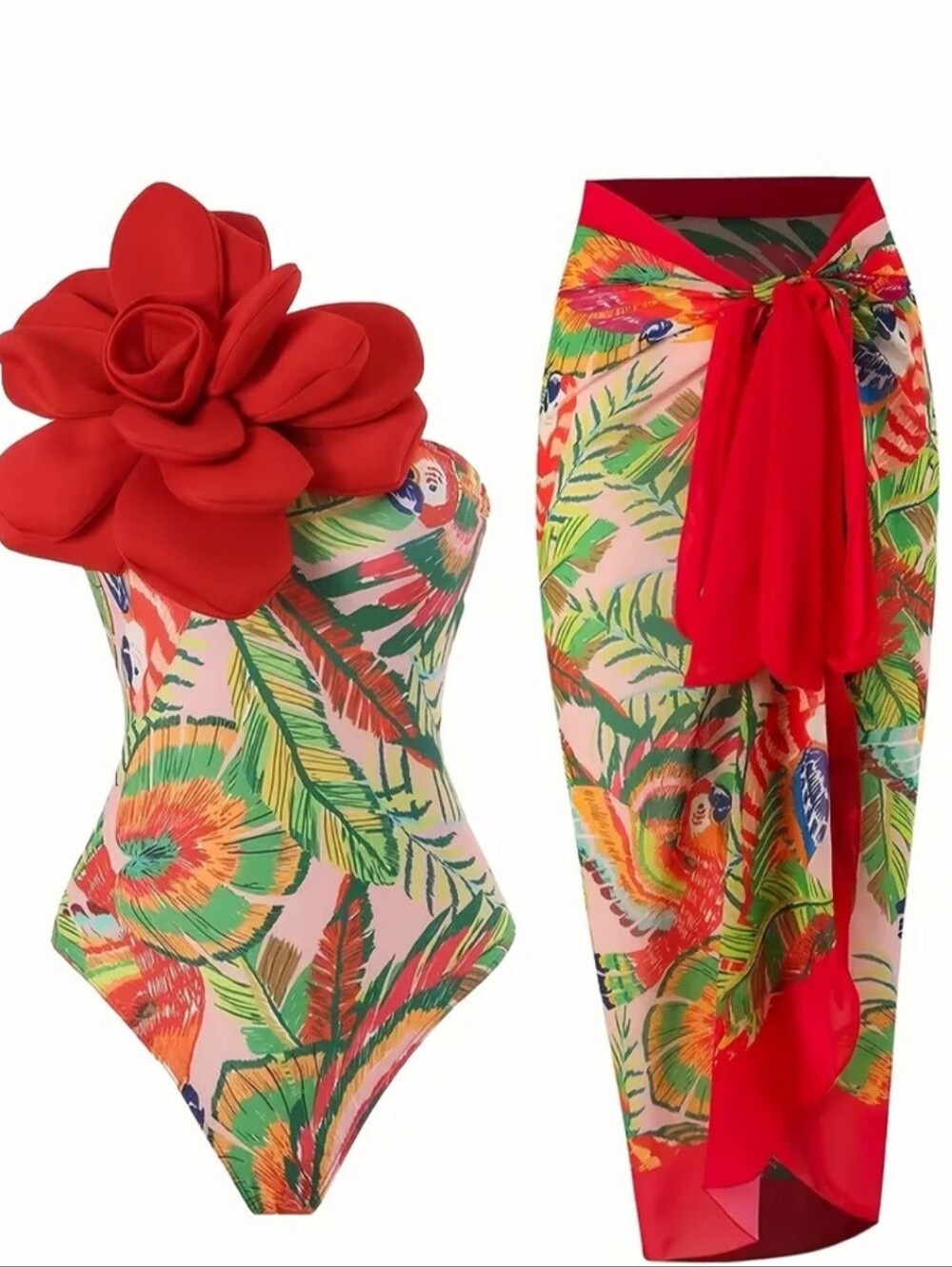 2pc one shoulder flower bathing suit size XXL EQUALS SIZE 14-16 NWOT